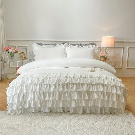 3 Pcs Ruffle Duvet Cover Set - White (252)