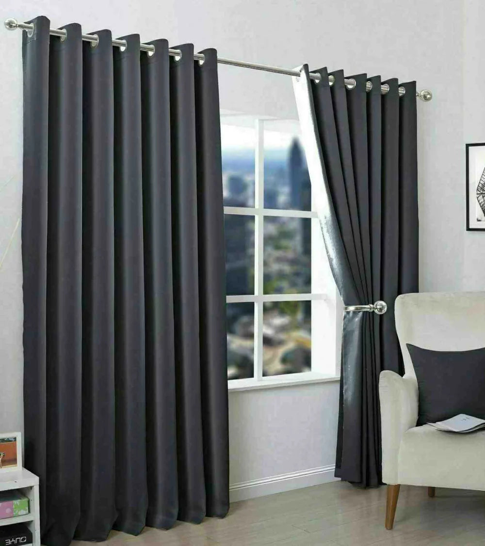 2 Pieces Plain Dyed Eyelet Curtains with linning - Charcoal Grey (0087)