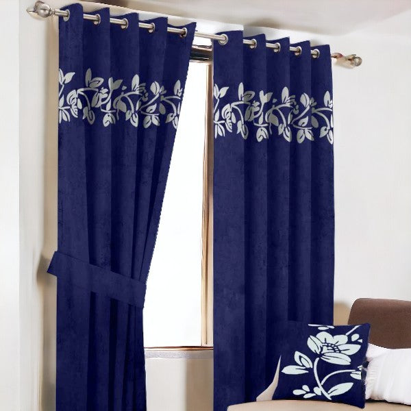 (2 Pieces) Floral Velvet Curtain - Royal Blue & Off White (0017)