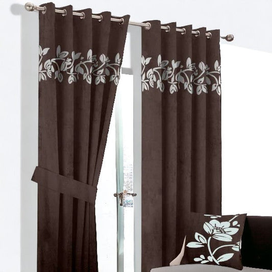 (2 Pieces) Floral Velvet Curtain -Dark Brown & Off White (0019)