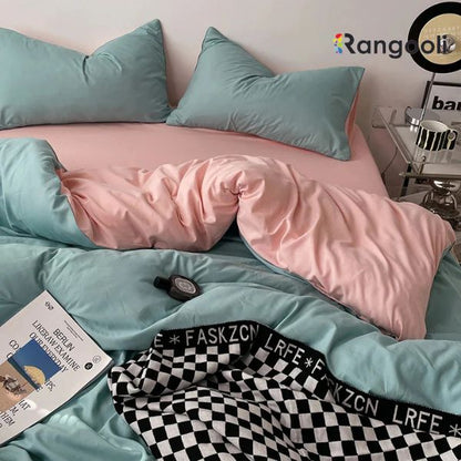 Reversible Duvet Cover Set King Size - Aqua Green & Light Pink (173)