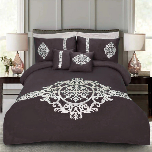 8 Pcs Luxury Embroidered Aplic Duvet Set  - Brown (303)