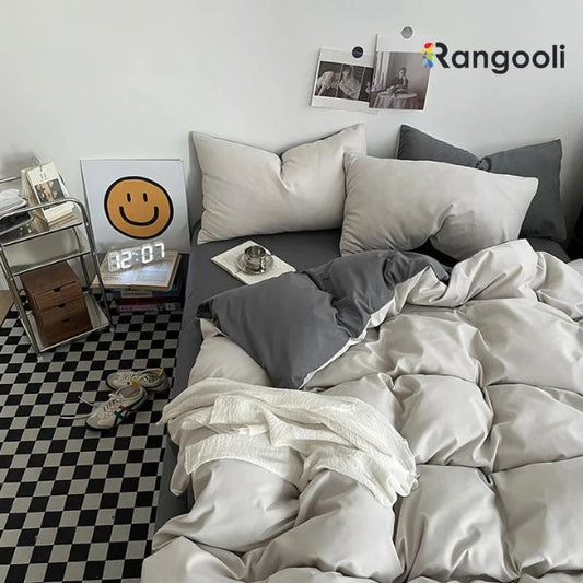 Reversible Duvet Cover Set King Size -  Off White & Grey (169)