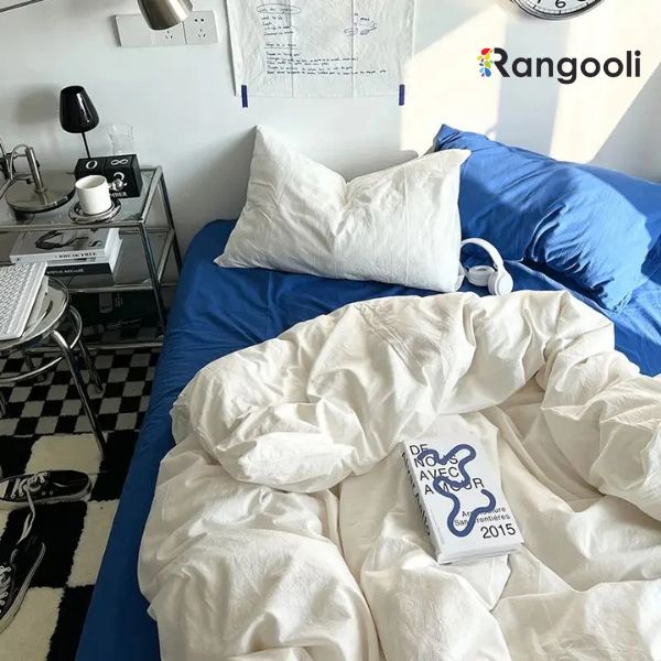 Reversible Duvet Cover Set King Size -  Off White & Royal Blue (170)
