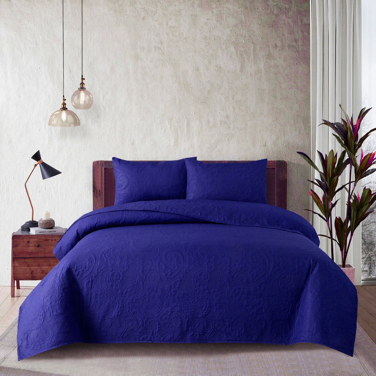 Spiral Vibes 3 Pcs Ultrasonic Bedspread - Navy Blue