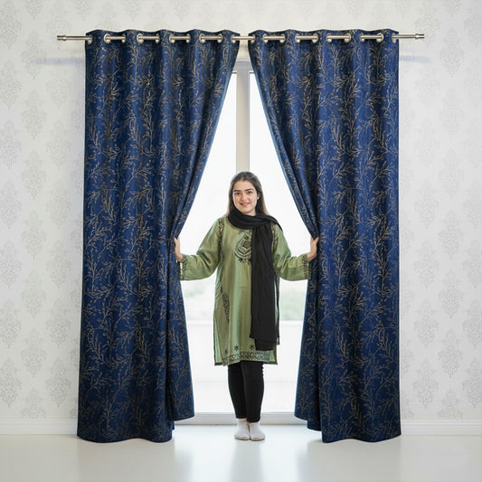 2 PCS PREMIUM QUALITY TEXTURE VELVET CURTAINS - Navy Blue