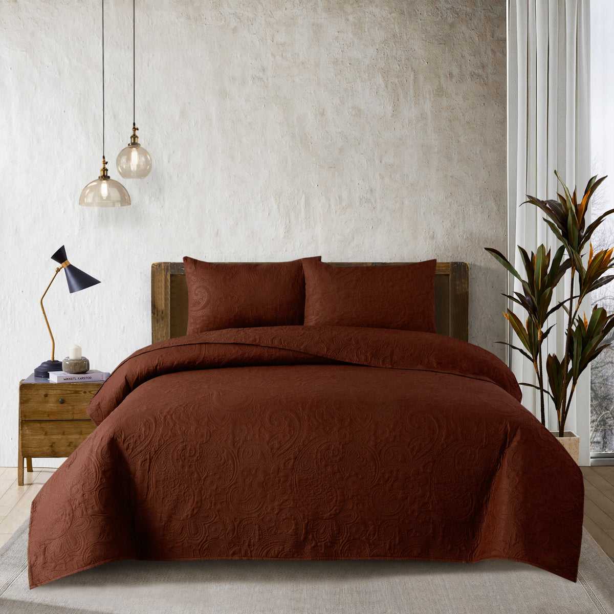 Spiral Vibes  3 Pcs Ultrasonic Bedspread - Brown