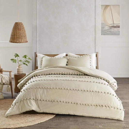 6 Pcs Luxury Duvet Set With Pom Pom Lace - Beige (052)