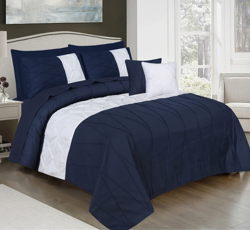 8 Pieces Pintuck & Cross Pleated Duvet Set - Navy Blue & White (274)