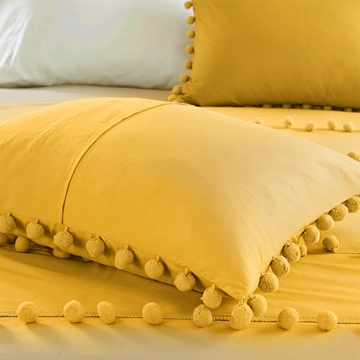 6 Pcs Luxury Duvet Set With Pom Pom Lace - Mustard (306)