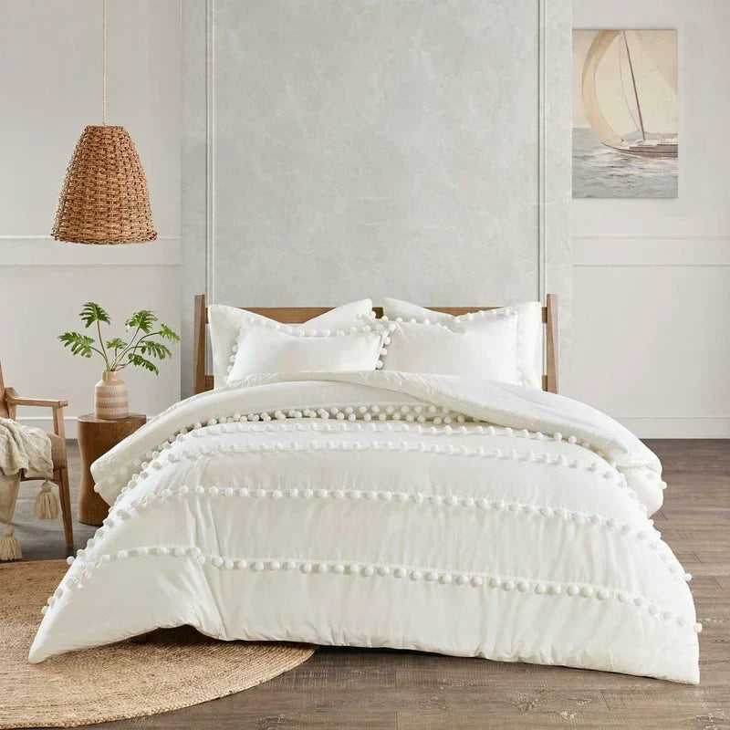 6 Pcs Luxury Duvet Set With Pom Pom Lace - White (058)