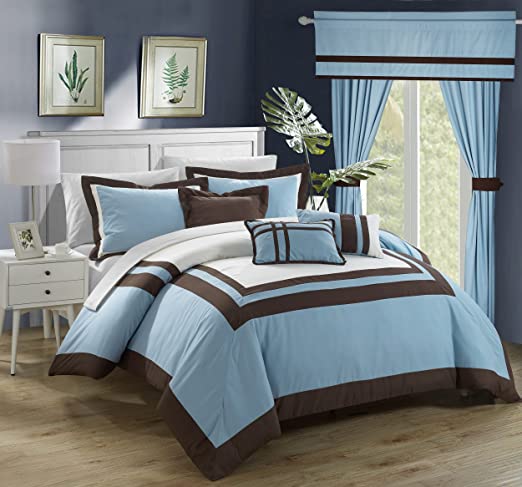 Embellish Patch Pleated Duvet Set -Sky & Brown (070)